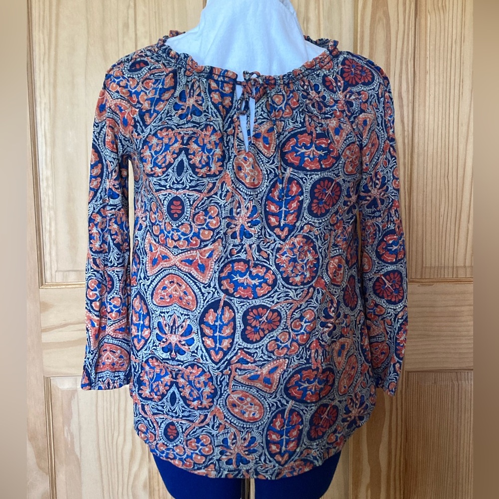 Lucky Brand Navy and Coral Printed Blouse